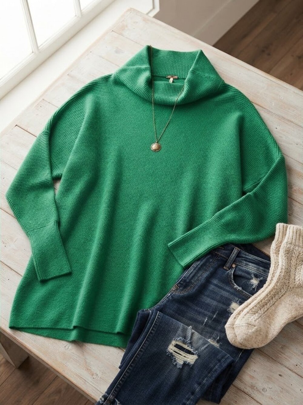 Free People Green Ottoman Slouchy Ribbed Funnel Neck Tunic Sweater Size Small